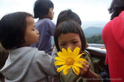 a young girl shows the camera a large yellow flower