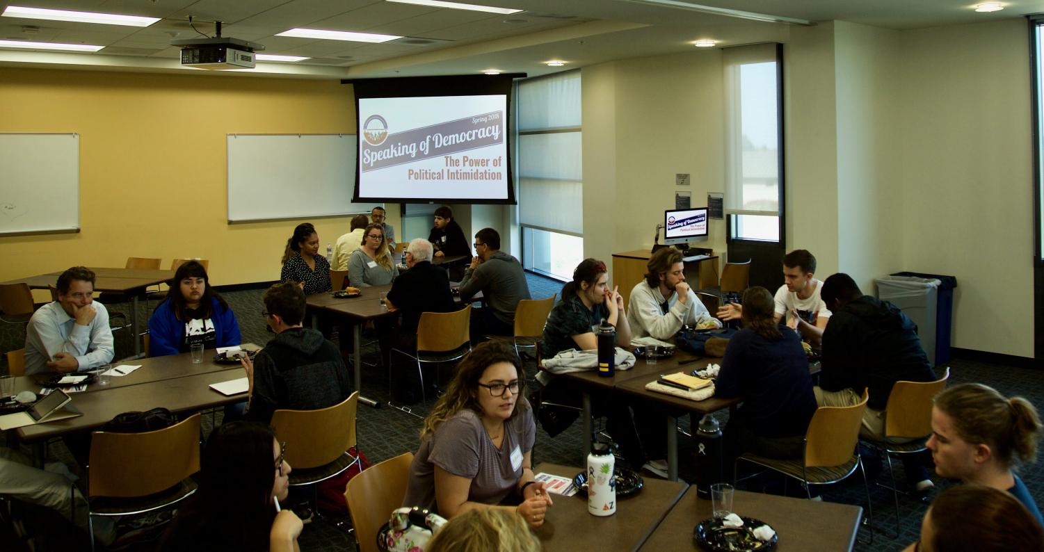 : Participants at the spring semesters first Speaking of Democracy discussion in USU 2310 during u-hour on Tuesday Feb. 6