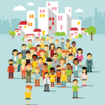 Vector illustration of people in front of a cityscape