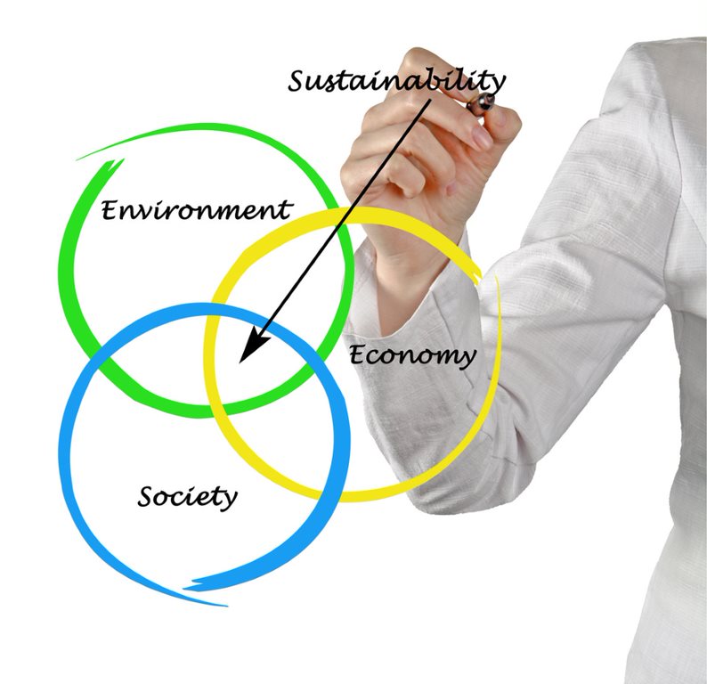 an image depicting three circles: enviroment, economy, and society. At the intersection of these circles is sustainability