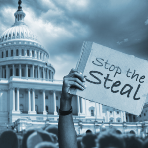 A protest outside the Capitol, someone holds a sign that says "Stop the Steal"